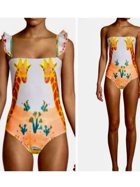 CAROLINA K. Giraffe Print Ruffle Sleeve One Piece Boho Swimsuit